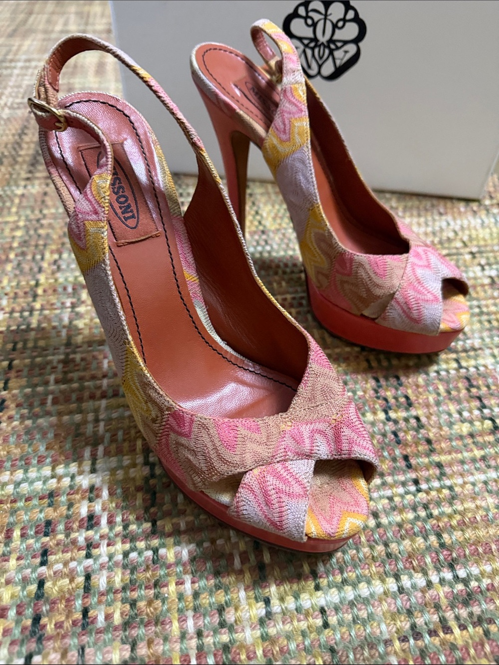 Missoni Pink & Yellow Patterned Slingback Peep-Toe Platform Heels
